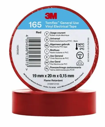 Produktfoto 1 von 3M Temflex 165 Vinyl Isolierband Rot,  Stärke  0.152 mm x 19mm x 20 m, 90 °C bis 90 °C