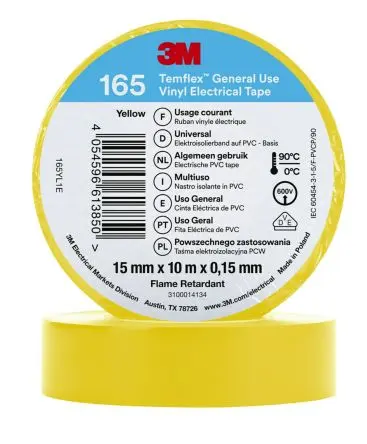 Produktfoto 1 von 3M Temflex 165 Vinyl Isolierband Gelb,  Stärke  0.152 mm x 15mm x 10 m, 90 °C bis 90 °C