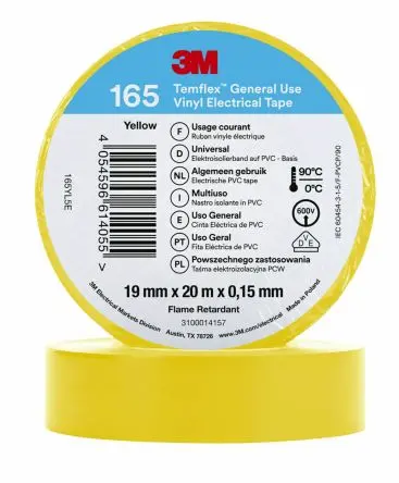 Produktfoto 1 von 3M Temflex Vinyl Isolierband Gelb,  Stärke  0.152 mm x 19mm x 20 m, 90 °C bis 90 °C