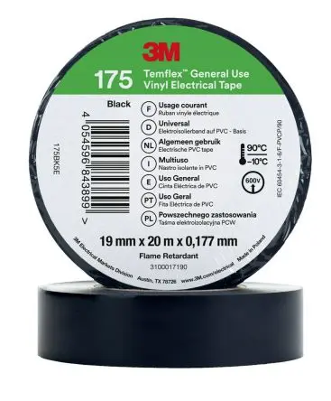 Produktfoto 1 von 3M Temflex Vinyl Isolierband Schwarz,  Stärke  0.178 mm x 19mm x 20 m, 90 °C bis 90 °C