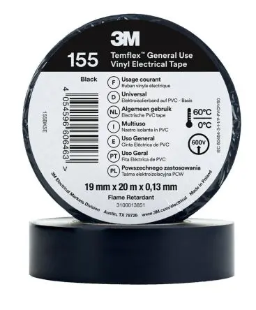Produktfoto 1 von 3M Temflex 155 Vinyl Isolierband Schwarz,  Stärke  0.13 mm x 19mm x 20 m, 60 °C bis 60 °C