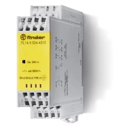 Produktfoto 1 von Finder Relais ohne Verriegelung 230V ac Spule Dreipoliger Umschalter DIN-Hutschiene 6A 1 W