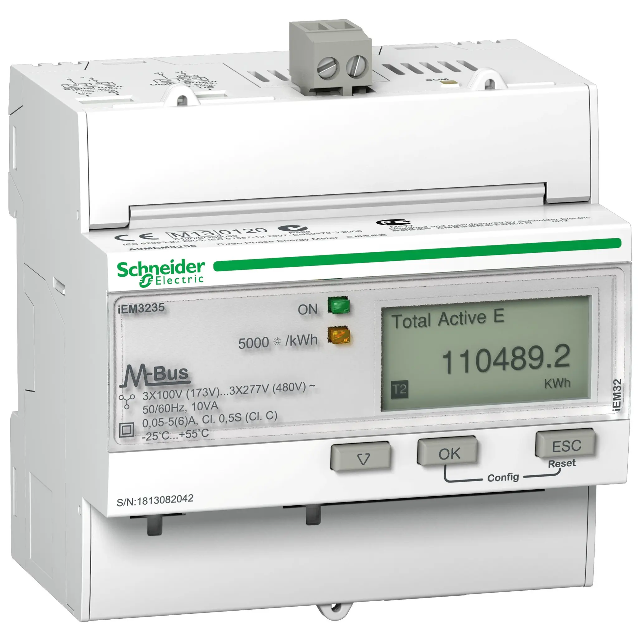 Produktfoto 1 von Schneider Electric Acti 9 iEM3000 Energiemessgerät LCD 95 mm x 90 mm Elektronik, 8-stellig / 3-phasig 5 Ausg. 1 Eing.