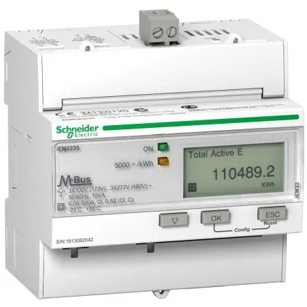 Produktfoto 1 von Schneider Electric Acti 9 iEM3000 Energiemessgerät LCD 95 mm x 90 mm Elektronik, 8-stellig / 3-phasig 5 Ausg. 1 Eing.