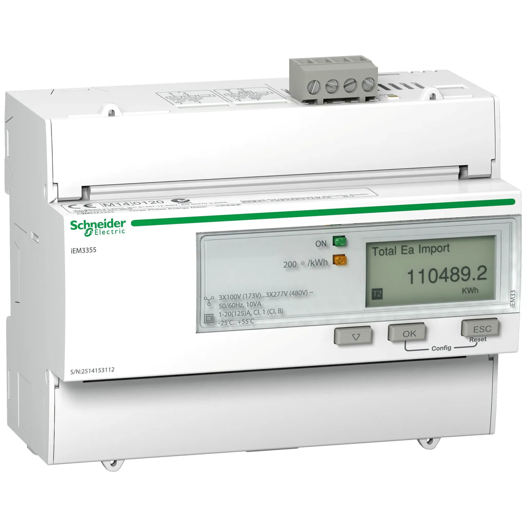 Produktfoto 1 von Schneider Electric Acti 9 iEM3000 Energiemessgerät LCD 103.2 mm x 126 mm Elektronik, 9-stellig / 3-phasig 5 Ausg. 1