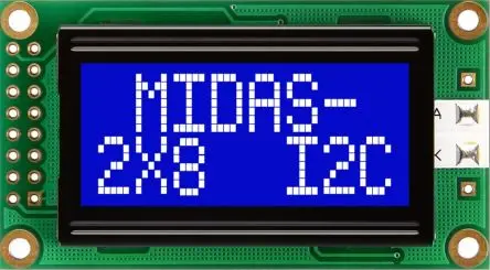 Produktfoto 1 von Midas MC20805A6W Alphanumerische LCD-Anzeige, Alphanumerisch LED Weiß 2 x 8, Hintergrund Weiß, Blau