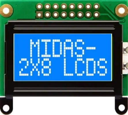 Produktfoto 1 von Midas MC20805B6W-BNMLW-V2 Alphanumerische LCD-Anzeige, Alphanumerisch LED Weiß 2 x 8, Parallel Interface