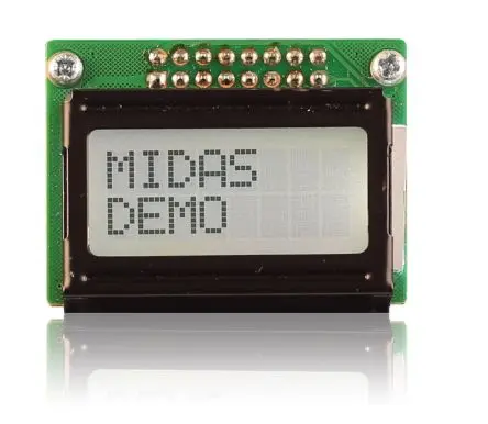 Produktfoto 1 von Midas MC20805B6W-FPTLW-V2 Alphanumerische LCD-Anzeige, Alphanumerisch LED Weiß 2 x 8, Hintergrund Weiß, Schwarz,