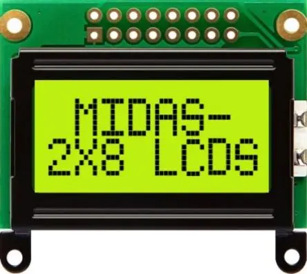 Produktfoto 1 von Midas Alphanumerische LCD-Anzeige, Alphanumerisch LED Grün, Gelb 2 x 8, Parallel Interface