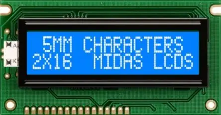 Produktfoto 1 von Midas Alphanumerische LCD-Anzeige, Alphanumerisch LED Weiß 2 x 16, Hintergrund Blau, Weiß, Parallel Interface