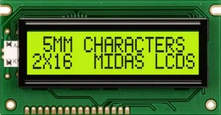 Produktfoto 1 von Midas MC21605A6WK-SPTLY-V2 Alphanumerische LCD-Anzeige, Alphanumerisch LED Grün, Gelb 2 x 16, Parallel Interface