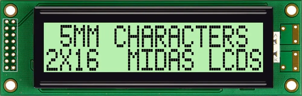 Produktfoto 1 von Midas MC21605B6WK-GPTLY-V2 Alphanumerische LCD-Anzeige, Alphanumerisch LED Gelb, Grün 2 x 16, Hintergrund Schwarz, Grün,