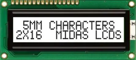 Produktfoto 1 von Midas MC21605C6WK-FPTLW-V2 Alphanumerische LCD-Anzeige, Alphanumerisch LED Weiß 2 x 16, Hintergrund Schwarz, Weiß,