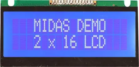 Produktfoto 1 von Midas MC21605FA6WE-BNMLW Alphanumerische LCD-Anzeige, Alphanumerisch LED Weiß 2 x 16, Hintergrund Blau, Weiß, Parallel