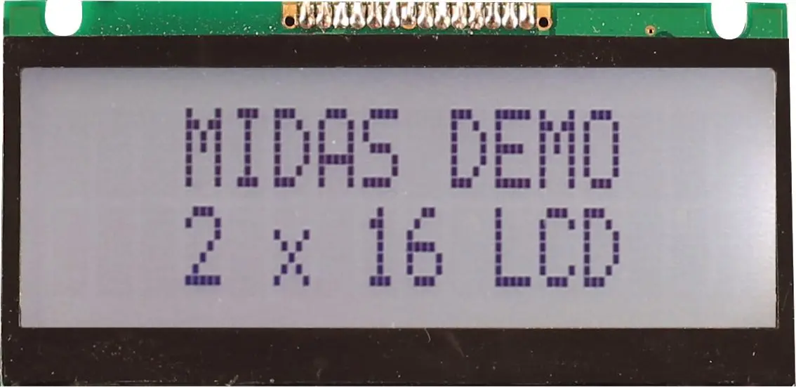 Produktfoto 1 von Midas Alphanumerische LCD-Anzeige, Alphanumerisch LED Weiß 2 x 16, Hintergrund Schwarz, Grau, Parallel Interface