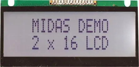 Produktfoto 1 von Midas Alphanumerische LCD-Anzeige, Alphanumerisch LED Weiß 2 x 16, Hintergrund Schwarz, Grau, Parallel Interface