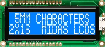 Produktfoto 1 von Midas MC21605G6WK-BNMLW-V2 Alphanumerische LCD-Anzeige, Alphanumerisch LED Weiß 2 x 16, Hintergrund Blau, Weiß, Parallel