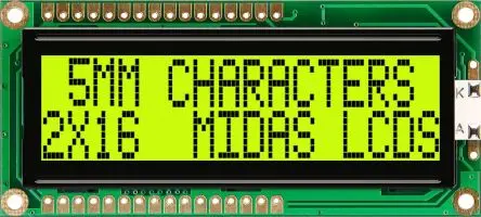 Produktfoto 1 von Midas MC21605G6WK-SPTLY-V2 Alphanumerische LCD-Anzeige, Alphanumerisch LED Gelb, Grün 2 x 16, Hintergrund Schwarz, Grün,