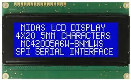Midas MC42005A6W-BNMLWS-V2 Alphanumerische LCD-Anzeige, Alphanumerisch LED Weiß 4 x 20, Hintergrund Blau, Weiß, Parallel