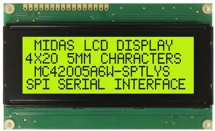 Produktfoto 1 von Midas MC42005A6W-SPTLYS-V2 Alphanumerische LCD-Anzeige, Alphanumerisch LED Gelb, Grün 4 x 20, Hintergrund Gelb, Schwarz,