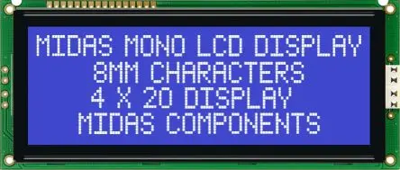Produktfoto 1 von Midas Alphanumerische LCD-Anzeige, Alphanumerisch LED Weiß 4 x 20, Hintergrund Blau, Weiß, Parallel Interface