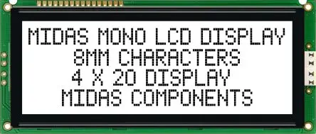 Produktfoto 1 von Midas MC42008A6W-FPTLW Alphanumerische LCD-Anzeige, Alphanumerisch LED Weiß 4 x 20, Hintergrund Weiß, Schwarz, Parallel
