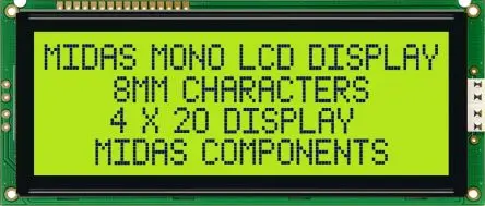Produktfoto 1 von Midas MC42008A6W-SPTLY Alphanumerische LCD-Anzeige, Alphanumerisch LED Gelb, Grün 4 x 20, Hintergrund Grün, Gelb,