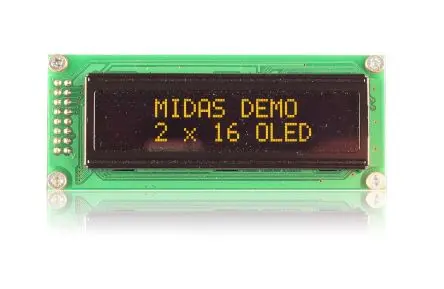 Produktfoto 1 von Midas Gelb OLED-Display 16 Characters x 2 line, 66 x 16 mm COB Parallel