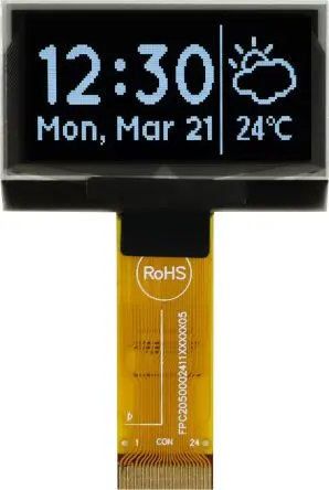 Produktfoto 1 von Midas 1.54 Zoll Weiß OLED-Display 128 x 64 Pixel, 35.05 x 17.51 mm Passiv-Matrix Stecker I2C, Parallel, SPI
