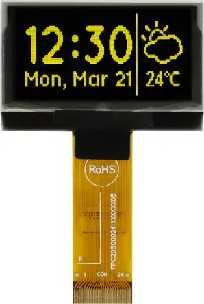 Produktfoto 1 von Midas 1.54 Zoll Gelb OLED-Display 128 x 64 Pixel, 35.05 x 17.51 mm Passiv-Matrix Stecker I2C, Parallel, SPI
