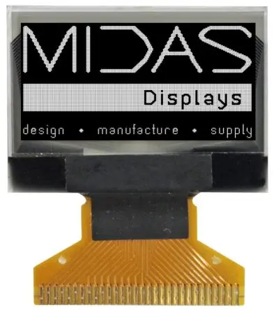 Produktfoto 1 von Midas 0.96 Zoll Weiß OLED-Display 128 x 64 Pixel, 21.738 x 10.858 mm Passiv-Matrix COB I2C, Parallel, SPI