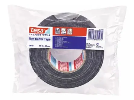 Produktfoto 1 von Tesa 53949 Polyethylen Mattes Gaffer-Klebeband, Schwarz, Naturgummi-Kleber, Matt, 0.31 mm x 50mm x 50 m, 85N/cm bis 125
