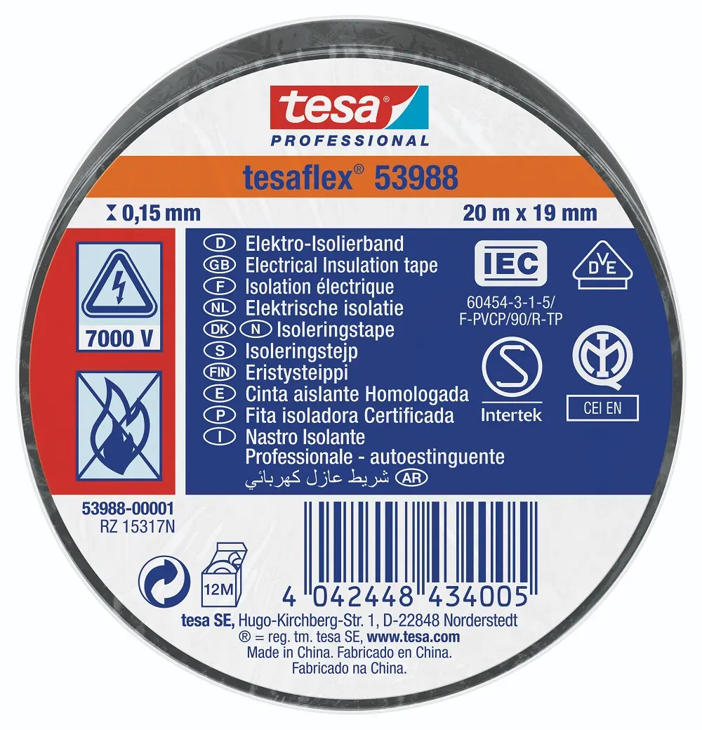 Produktfoto 1 von Tesa Tesa 53988 Polyvinylchlorid Isolierband Schwarz,  Stärke  150 mm x 19 mm x 20 m, 20 °C bis 90 °C