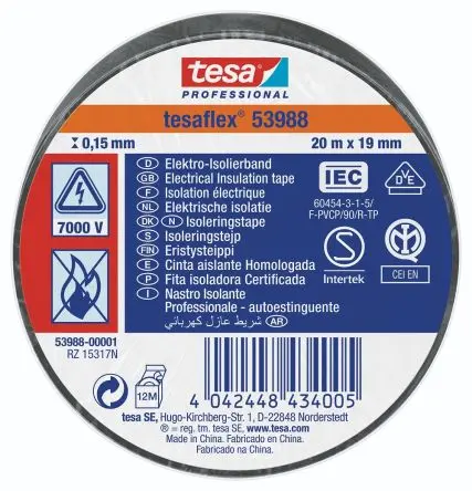 Produktfoto 1 von Tesa Tesa 53988 Polyvinylchlorid Isolierband Schwarz,  Stärke  150 mm x 19mm x 20 m, 20 °C bis 90 °C