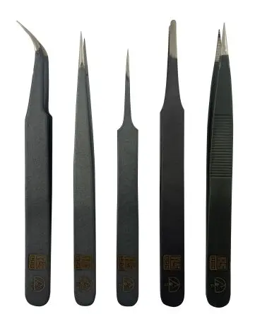 Produktfoto 1 von RS PRO Austenitstahl Pinzettensatz, 110mm, Spitze Fein Antimagnetisch 5-teilig ESD-Sicherheit
