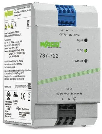 Produktfoto 1 von WAGO 787 DIN-Schienen Netzteil Geschalteter Modus 230V ac/dc Wechselstrom/Gleichstrom / 5 A 24V dc DC 120 W
