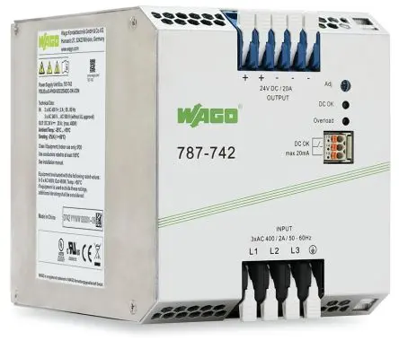 Produktfoto 1 von WAGO 787 DIN-Schienen Netzteil Geschalteter Modus 400V ac/dc Wechselstrom/Gleichstrom / 20 A 24V dc DC 480 W