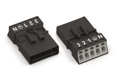 Produktfoto 1 von WAGO 890 Beleuchtungssteckverbinder Stecker, Anschluss, Zugfederklemme 16A, Kontakte: 5 IP20, Anz.Ausl. 5, Schwarz,