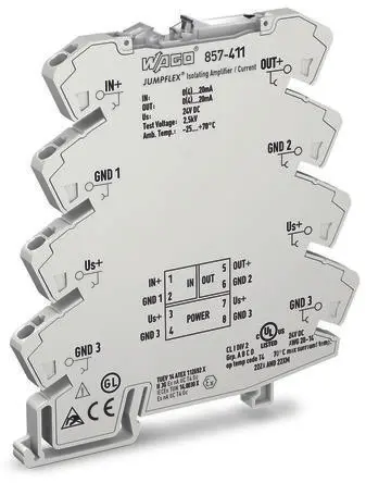 Produktfoto 1 von WAGO Serie 857 Signalwandler 24V dc, Strom 0.004 → 0.04 A EIN / Strom/Spannung 0 → 0.001 A AUS DIN-Hutschiene,