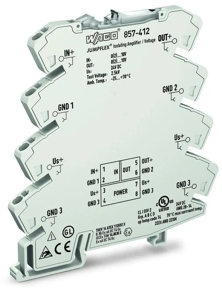 Produktfoto 1 von WAGO Serie 857 Signalwandler 24 V dc, Spannung 2/10 V, 0/10 V EIN / Strom/Spannung 2/10 V, 0/10 V AUS DIN-Hutschiene,