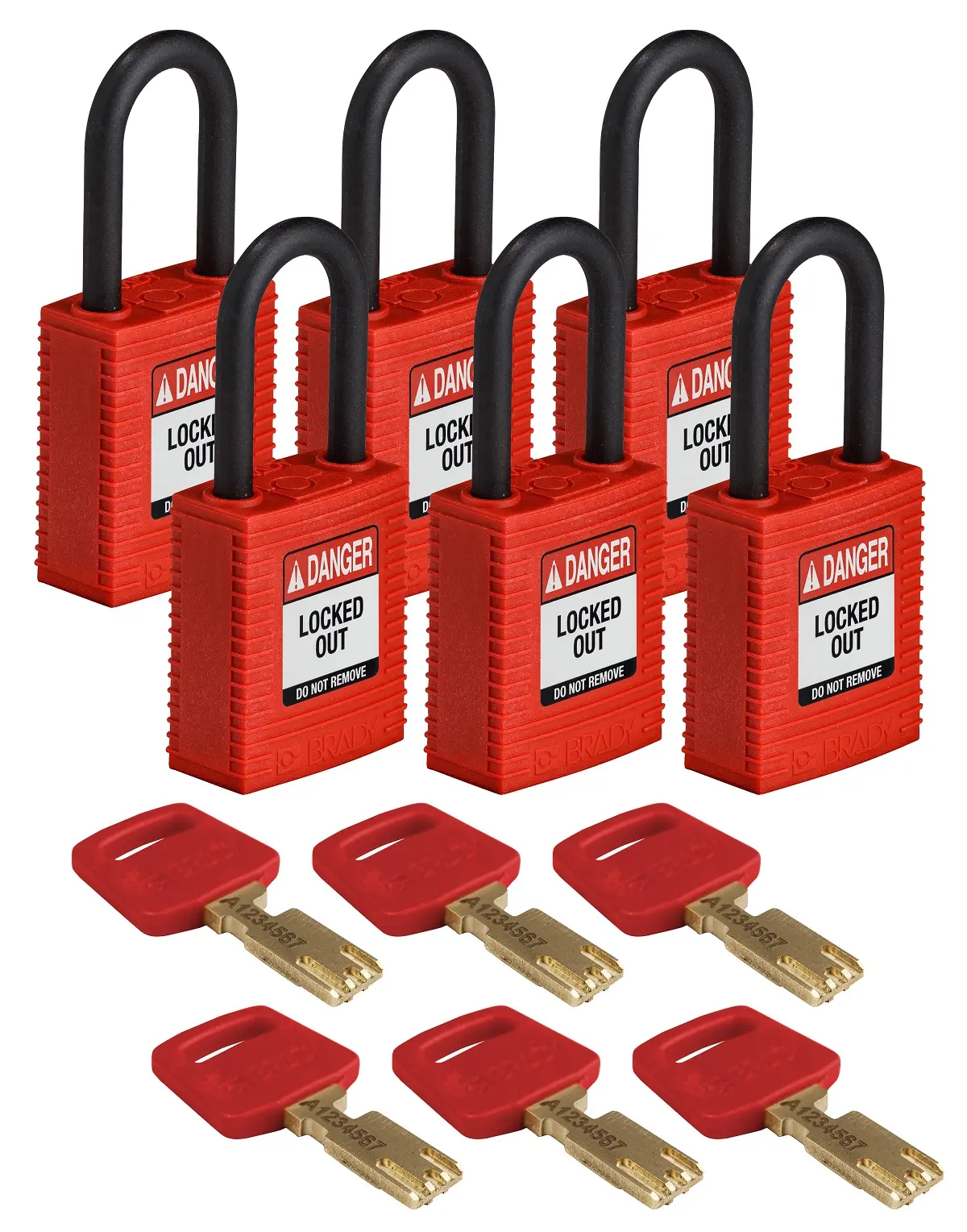 Produktfoto 1 von Brady Nylon Sicherheits-Vorhängeschloss Schlüssel Wetterfest Rot, Bügel-Ø 6.35 mm x 38 mm