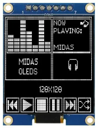 Produktfoto 1 von Midas 1.5 Zoll Weiß OLED-Display 128 x 64 Pixel, 26.86 x 26.86 mm / 45,5:3,16 Passiv-Matrix COB SPI