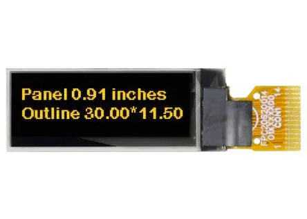 Produktfoto 1 von Midas 0.91 Zoll Gelb OLED-Display 128 x 64 Pixel, 24.384 x 7.584 mm / 11,50:1,26 Passiv-Matrix COG I2C