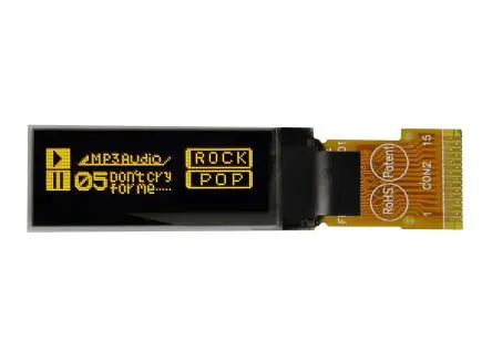 Produktfoto 1 von Midas 0.91 Zoll Gelb OLED-Display 128 x 64 Pixel, 24.384 x 7.584 mm / 11,50:1,26 Passiv-Matrix COG SPI