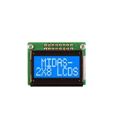Produktfoto 1 von Midas Monochrom LCD, LCD LED Weiß 2 x 8, Hintergrund Blau, Weiß, Parallel Interface