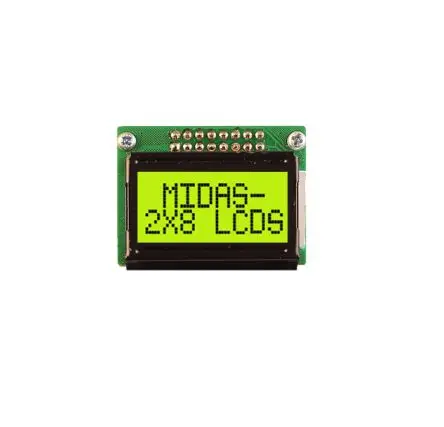 Produktfoto 1 von Midas MC20805B6W-SPTLY3.3-V2 Monochrom LCD, LCD LED Grün, Gelb 2 x 8, Hintergrund Gelb, Schwarz, Grün, Parallel