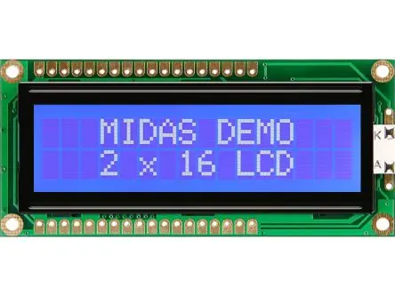 Produktfoto 1 von Midas MC21605G6W-BNMLW3.3-V2 Monochrom LCD, LCD LED Weiß 2 x 16, Hintergrund Blau, Weiß, Parallel Interface