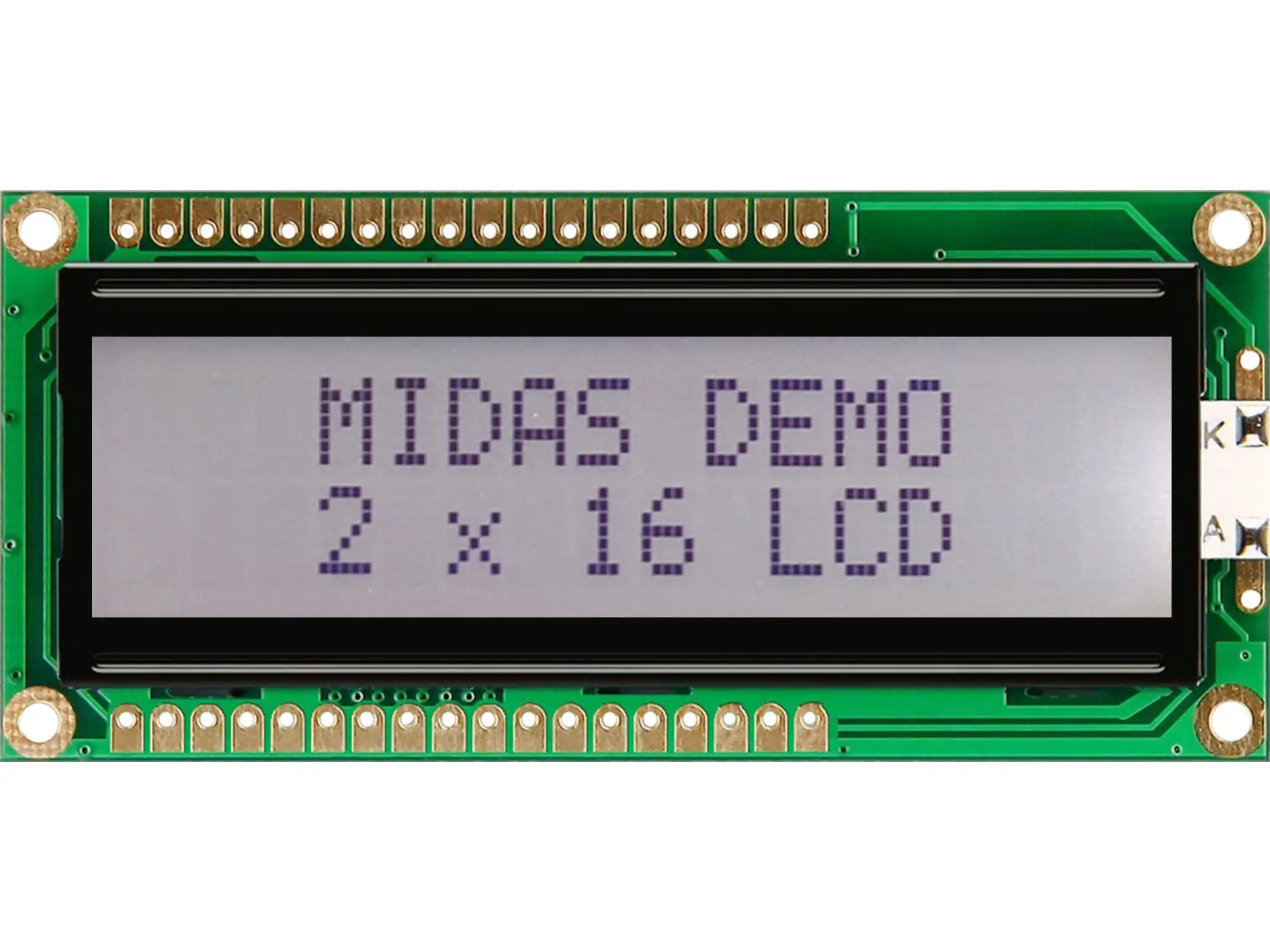 Produktfoto 1 von Midas Monochrom LCD, LCD LED Weiß 2 x 16, Hintergrund Schwarz, Weiß, Parallel Interface