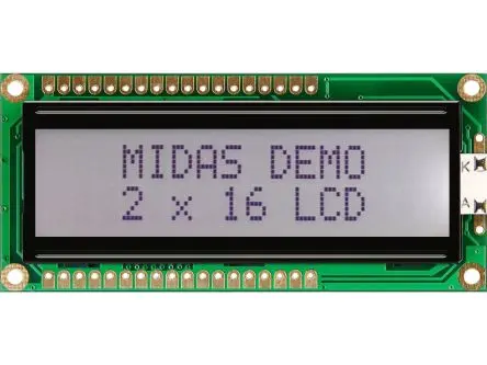 Produktfoto 1 von Midas Monochrom LCD, LCD LED Weiß 2 x 16, Hintergrund Schwarz, Weiß, Parallel Interface
