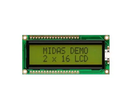 Produktfoto 1 von Midas Monochrom LCD, LCD LED Grün, Gelb 2 x 16, Hintergrund Gelb, Schwarz, Grün, Parallel Interface